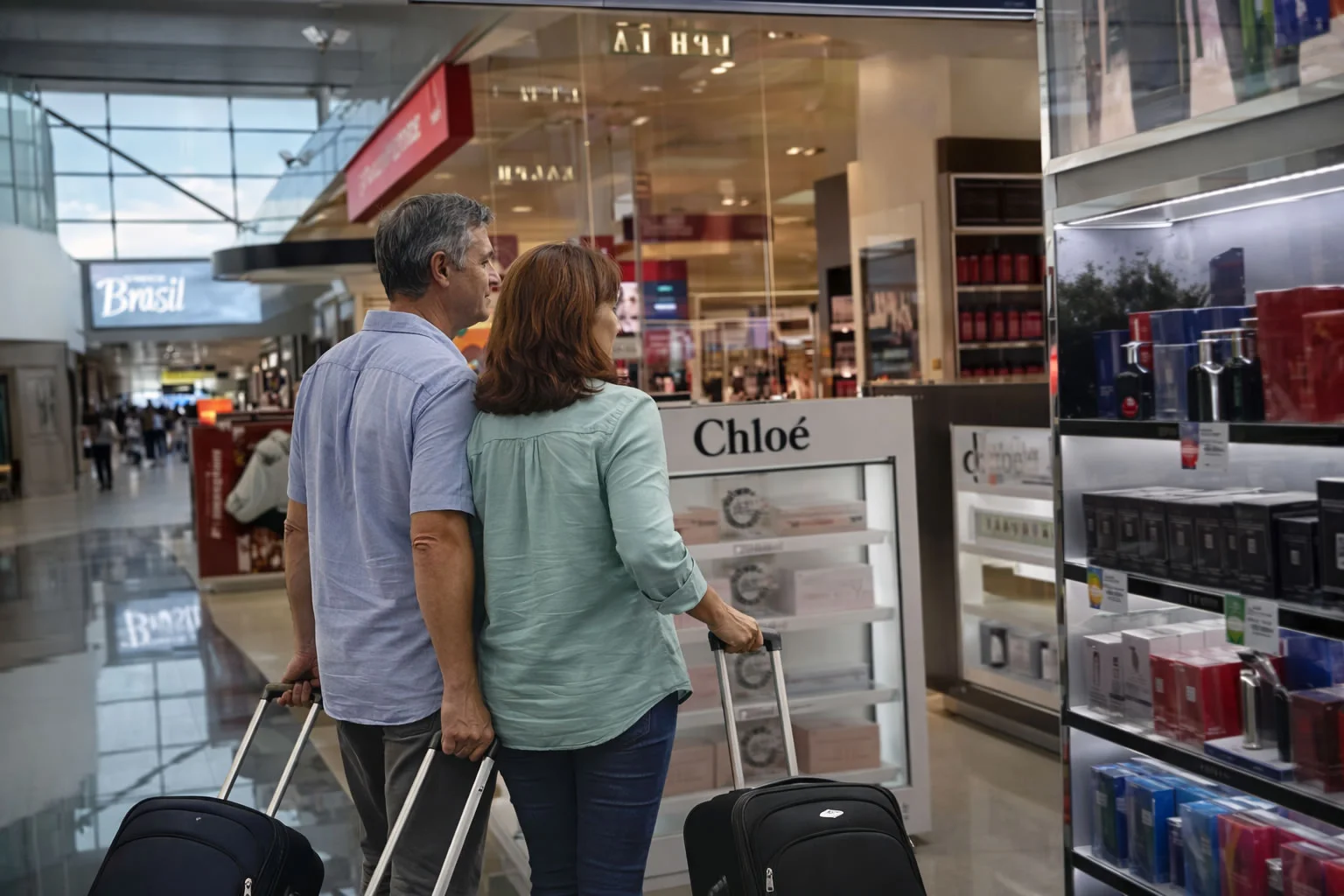 Pareja caminando por el duty free del Aeropuerto de Guarulhos