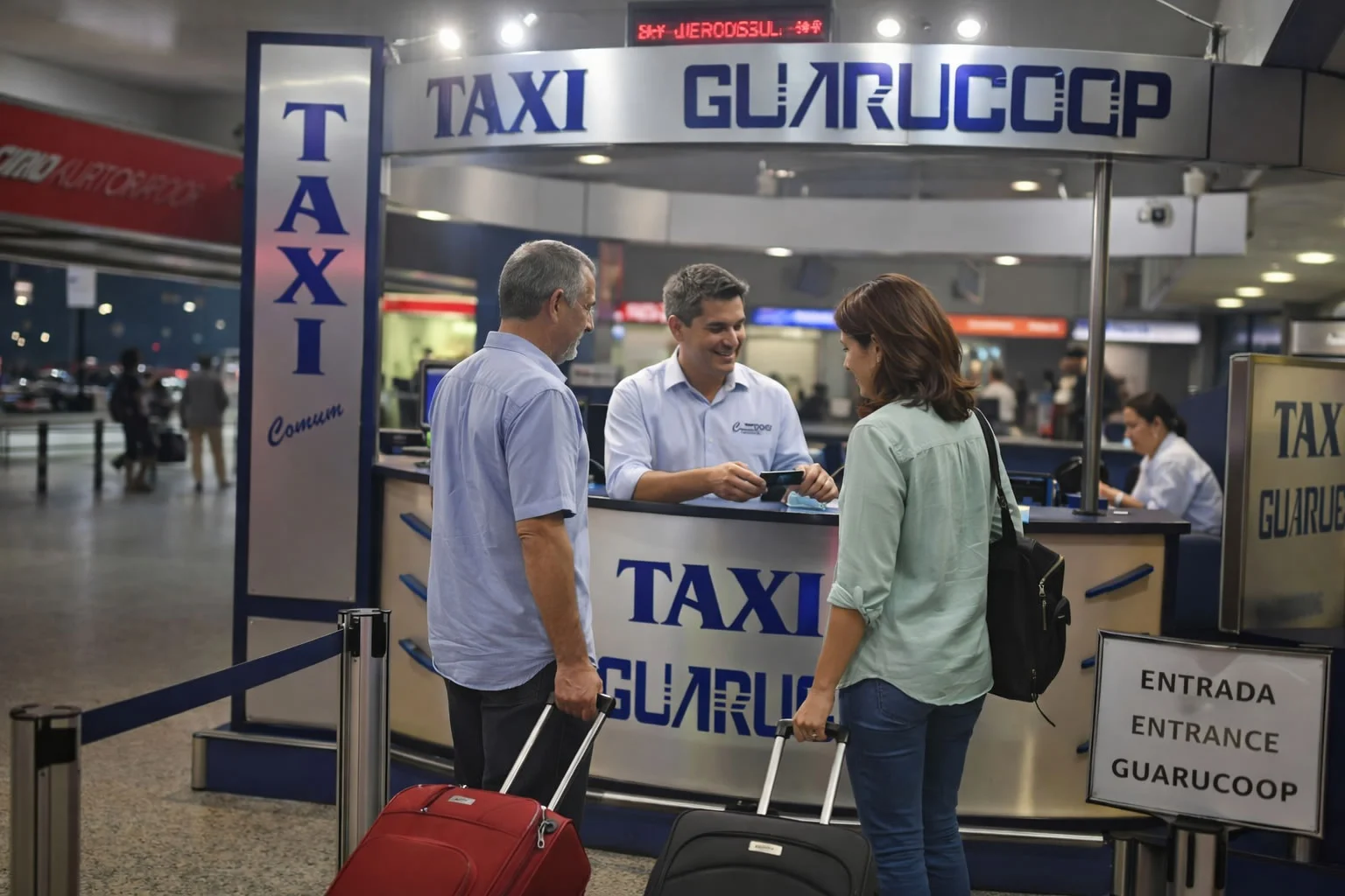 Casal de passageiros de meia-idade com malas confirmando a reserva de um táxi no balcão da Guarucoop dentro do aeroporto Guarulhos