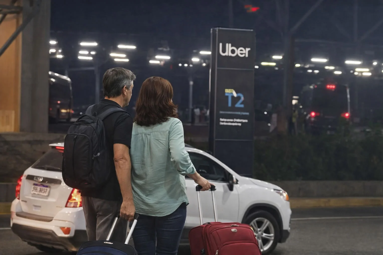 Casal de passageiros de meia-idade com malas aguardando um Uber na área de embarque do aeroporto Guarulhos, próximo à sinalização oficial.